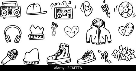 Set creativo di doodle con icone hip hop come berretto e asta portamicrofono per un design urbano. Illustrazione Vettoriale