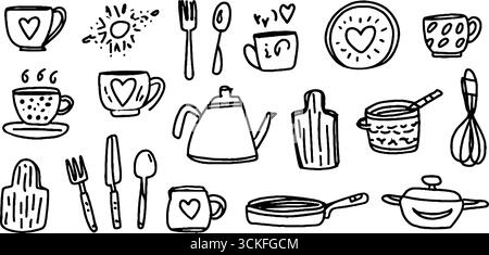 Deliziosi utensili da cucina disegnati a mano per progetti di design creativo. Illustrazione Vettoriale