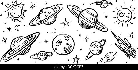 Set di doodle per lo spazio esterno con mercurio e venere con stelle e pianeti per progetti di design. Illustrazione Vettoriale