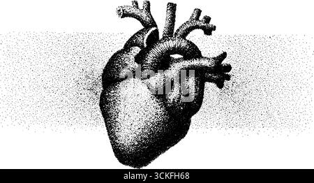 Illustrazione a puntini di cuore sacro con effetto mezzitoni per progetti di design. Illustrazione Vettoriale