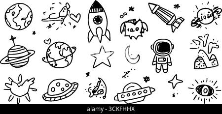 Set di icone spaziali disegnate a mano con pianeti, razzi e astronauti. Illustrazione Vettoriale
