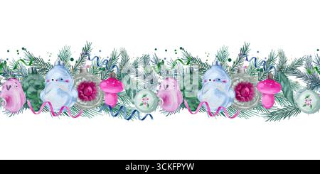 Si tratta di un affascinante confine di vacanza adornato da stravagante Babbo Natale, deliziosi funghi e vibrante vegetazione festosa. Bordo orizzontale senza cuciture disegnato a mano isolato. Foto Stock