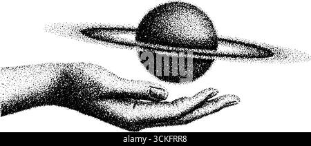 Surreale mano che regge il pianeta con anelli in un'opera d'arte dotwork per progetti di design. Illustrazione Vettoriale