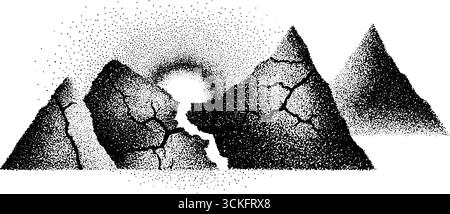 Un'opera d'arte di montagne incrinate con effetto sole per un design vintage. Illustrazione Vettoriale