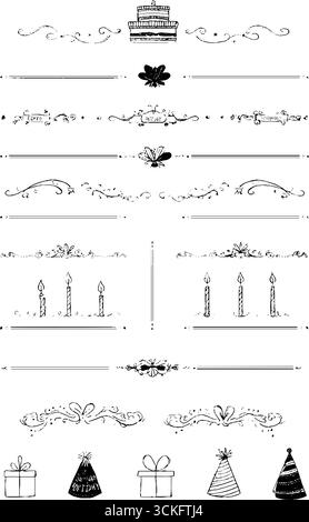 Torta decorativa di compleanno disegnata a mano e elementi a nastro per feste e progetti di design. Illustrazione Vettoriale