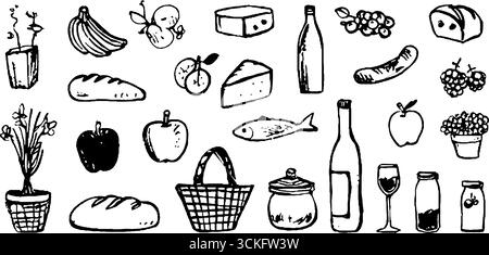 Collezione di cibi e bevande disegnata a mano con banane decorative per un design artistico. Illustrazione Vettoriale