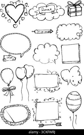 Bolle decorative a forma di cuore disegnate a mano ed elementi di san valentino per un design creativo. Illustrazione Vettoriale