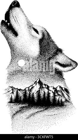 Intricato ritratto di lupo con paesaggi di montagna per l'arte e il design. Illustrazione Vettoriale