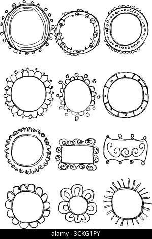 Collezione di cornici decorative disegnate a mano per progetti di design creativi. Illustrazione Vettoriale