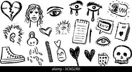 Collezione di elementi decorativi disegnati a mano con cuori spezzati ed emoji. Illustrazione Vettoriale