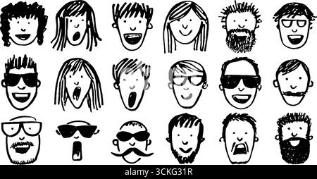 Collezione di volti disegnati a mano per i progetti di design creativo. Illustrazione Vettoriale