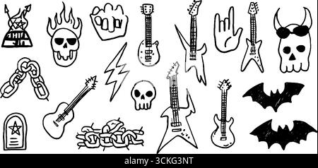 Collezione di chitarre rock decorative disegnate a mano e simboli per il design musicale. Illustrazione Vettoriale