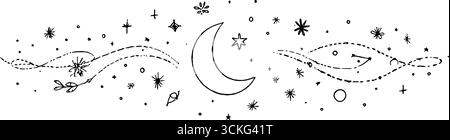 Striscione disegnato a mano con luna crescente e stelle per un design creativo. Illustrazione Vettoriale