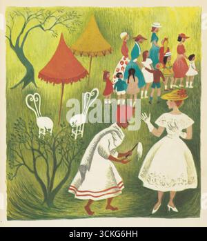 Illustrazione di Nemo incontra l'Imperatore, piatto 11, 1957. Opera di Katherine Evans, illustratrice americana. Scena colorata che mostra donne e bambini riuniti all'aperto vicino alle tende, con due figure in primo piano impegnate in conversazione. Foto Stock