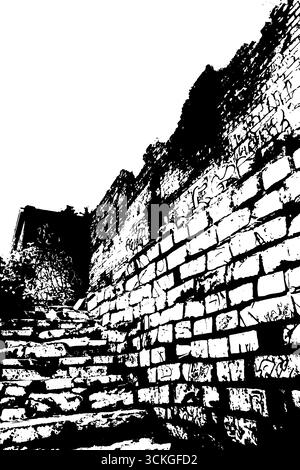 Graffiti urbani su pareti in mattoni grunge con scale in bianco e nero per un design artistico. Illustrazione Vettoriale