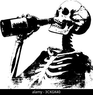 Scena grunge in bianco e nero con scheletro per il design di halloween. Illustrazione Vettoriale