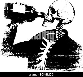 Illustrazione di bottiglie grunge in bianco e nero con scheletro per l'arte urbana e il design. Illustrazione Vettoriale