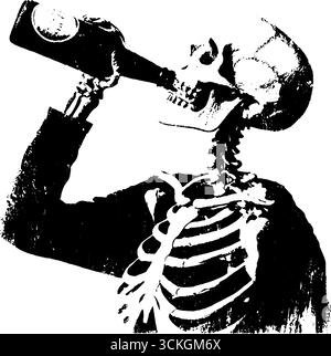 Illustrazione grunge skeleton bevendo in bianco e nero per un design e un arredamento urbano. Illustrazione Vettoriale