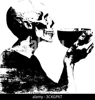 Scena del bere zombie in bianco e nero grunge - decorazione di halloween o concetto di design. Illustrazione Vettoriale