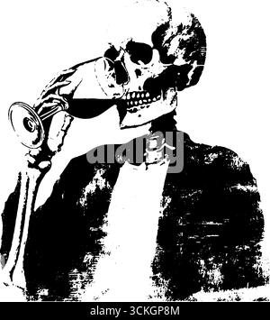 Scheletro grunge che beve vino illustrazione in bianco e nero per l'arte urbana e il design. Illustrazione Vettoriale