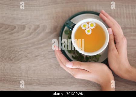 Tè di camomilla in una tazza su un piatto e primo piano delle mani femminili. Vista dall'alto. Concetto di comfort a casa e tea party. Foto Stock