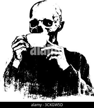 Grunge zombie bevendo caffè in bianco e nero per il design di halloween. Illustrazione Vettoriale