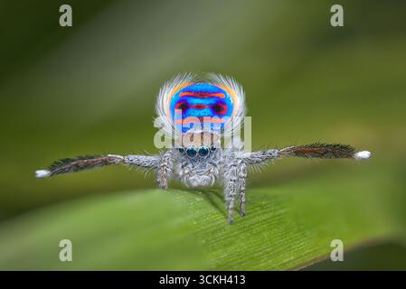 Un ragno pavone maschile (Maratus speciosus - il ragno pavone costiero) che mostra per una femmina. Foto Stock