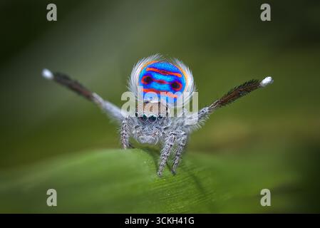 Un ragno pavone maschile (Maratus speciosus - il ragno pavone costiero) che mostra per una femmina. Foto Stock