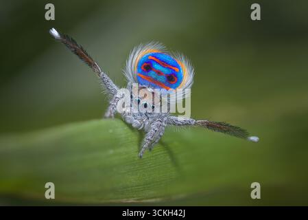 Un ragno pavone maschile (Maratus speciosus - il ragno pavone costiero) che mostra per una femmina. Foto Stock
