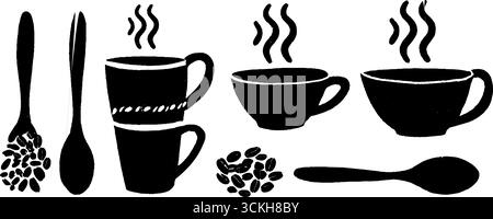 Motivo di caffè senza cuciture con tazze e cucchiai in stile linocut per un design vintage. Illustrazione Vettoriale