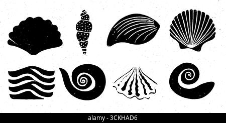 Motivo nautico lineare senza cuciture con onde e conchiglie per un design tessile e di stampa. Illustrazione Vettoriale