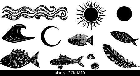 Collezione di simboli oceanici Linocut con onde, sole, pesci e piume per un design artistico. Illustrazione Vettoriale