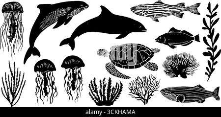 Collezione Oceanic Wildlife Linocut: Delfini, tartarughe e vita marina per la progettazione di disegni. Illustrazione Vettoriale