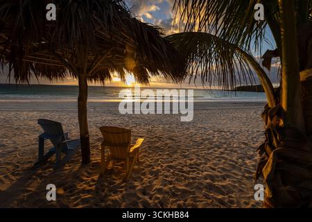 Due sdraio su una spiaggia sotto una palma nelle bahamas Foto Stock