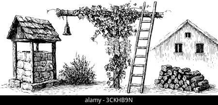 Scenario rurale autunnale con pozzo di pietra ed elementi agricoli disegnano per il design. Illustrazione Vettoriale