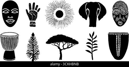 Collezione africana linocut con maschere, tamburi djembe e silhouette per disegni culturali. Illustrazione Vettoriale
