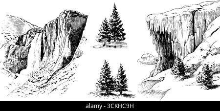 Collezione invernale di paesaggi montani con cascate ghiacciate e pini. Illustrazione Vettoriale