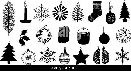 Collezione di silhouette linocut per le vacanze invernali per un arredamento di stagione. Illustrazione Vettoriale