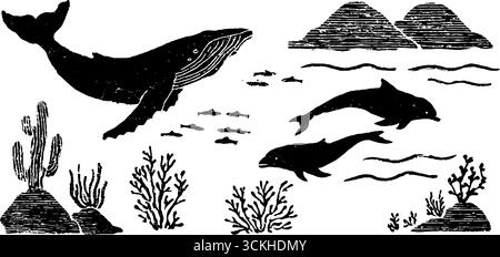 Le creature oceaniche sono composte da balene e delfini in stile linocut per un design marino. Illustrazione Vettoriale