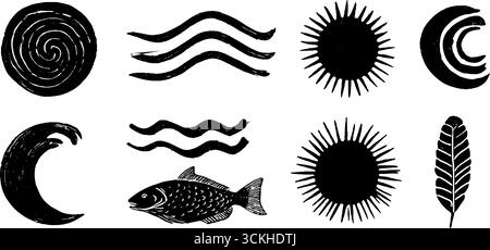 Collezione di simboli linocut ispirati all'oceano con onde, soli e spirali per il design. Illustrazione Vettoriale