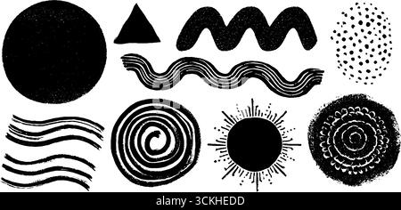 Collezione di forme astratte Linocut con cerchi, triangoli e onde per progetti artistici e di design. Illustrazione Vettoriale