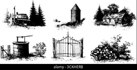 Collezione cascina autunnale vintage: Casali, silo ed elementi rustici silhouette per il design. Illustrazione Vettoriale
