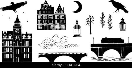 Urban fantasy City scape: Sagome gotiche per design e arredamento. Illustrazione Vettoriale