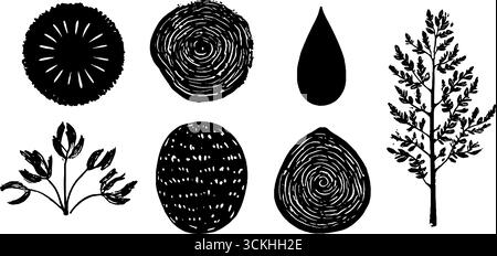 Simboli rustici di coltivazione linocut che si adornano di sole, semi germoglianti ed elementi naturali per un design creativo. Illustrazione Vettoriale