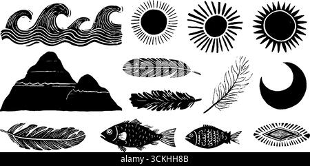Collezione di simboli oceanici Linocut con design a onde, sole e piume per progetti creativi. Illustrazione Vettoriale