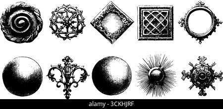 Intricate collezioni di ornamenti geometrici con spirali e disegni decorativi. Illustrazione Vettoriale