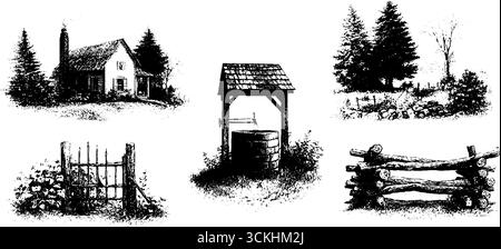 Collezione rustica di case coloniche autunnali con elementi di campagna per il design decorativo. Illustrazione Vettoriale