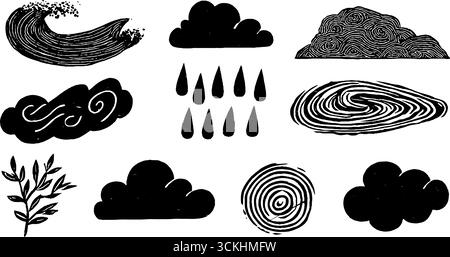 Disegni ad acqua e aria linocut con onde, nuvole e spirali per un'arte ispirata alla natura. Illustrazione Vettoriale