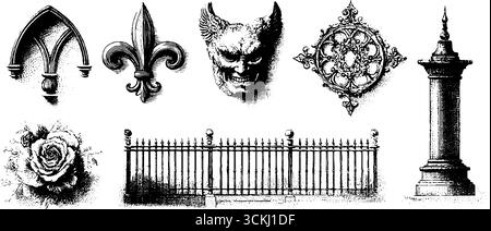 Collezione di ornamenti gotici con elementi di design incisi per scopi artistici e decorativi. Illustrazione Vettoriale