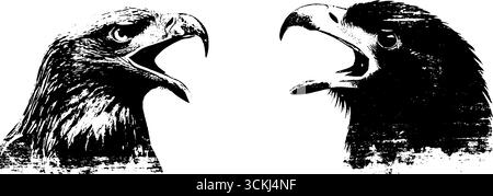 Collezione di illustrazioni con teste di aquila a stencil in bianco e nero per il design. Illustrazione Vettoriale